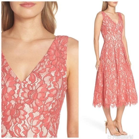 ELIZA J Lace Midi Dress Sleeveless A-Line V Neckline Dusty Coral Red Size 6 NWOT - Picture 7 of 16